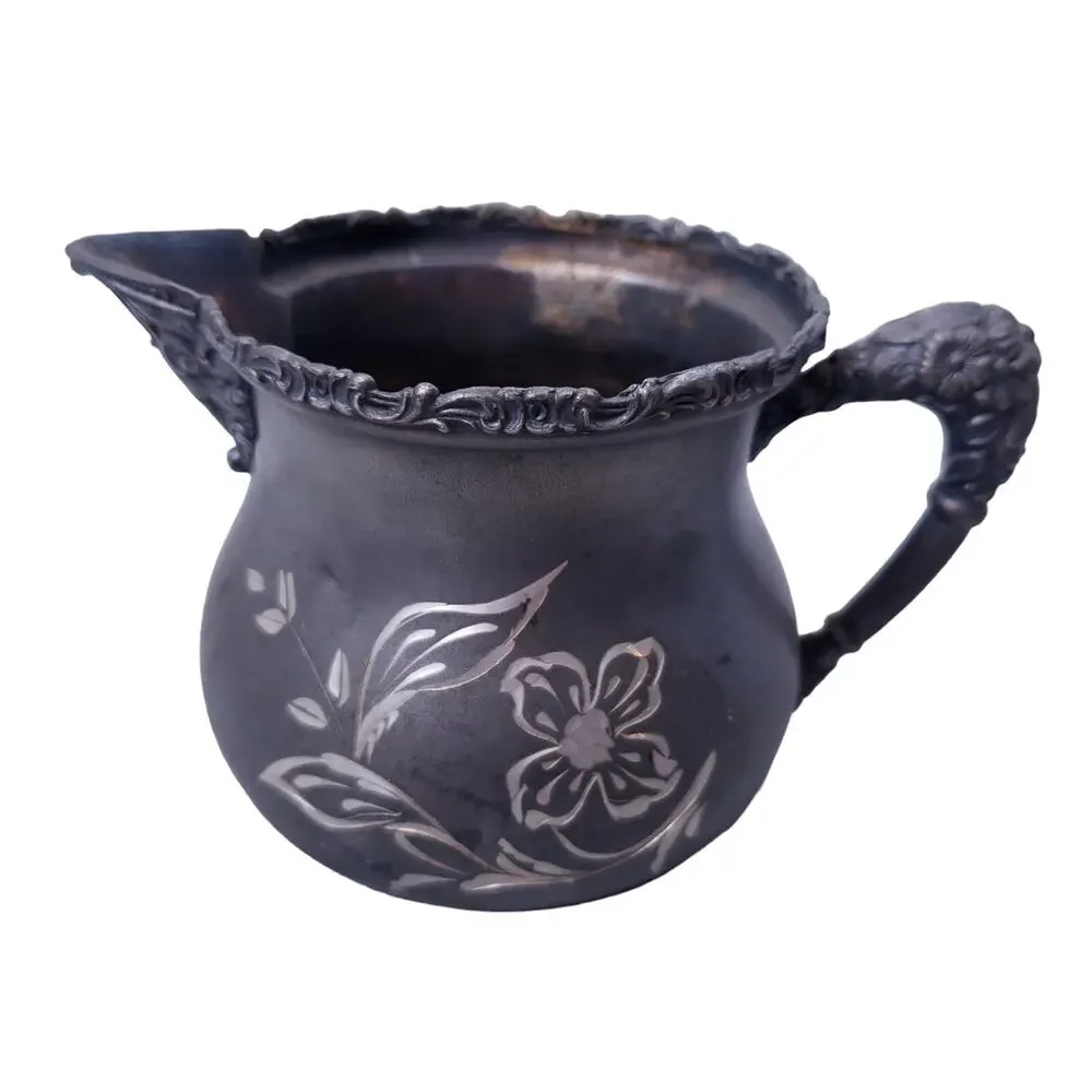 Antique Silverplate Etched Spooner Sugar Creamer 4pc Set Engraved Vintage Decor